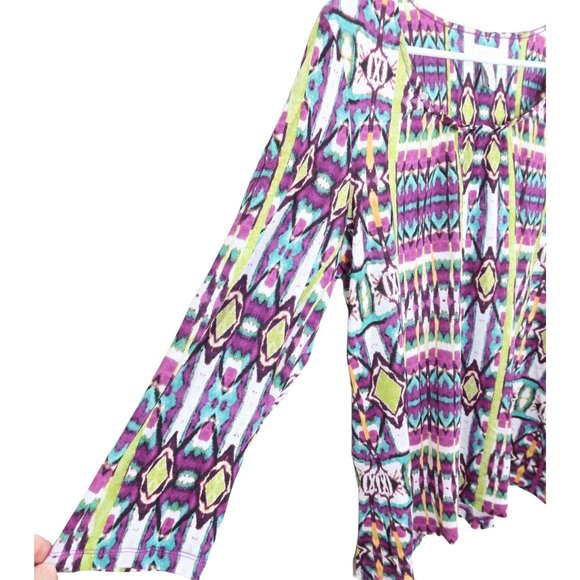 CHICOS 2 L Rayon Purple Green Abstract Print Ruffle Neck 3/4 Sleeve Knit Top - Picture 2 of 5
